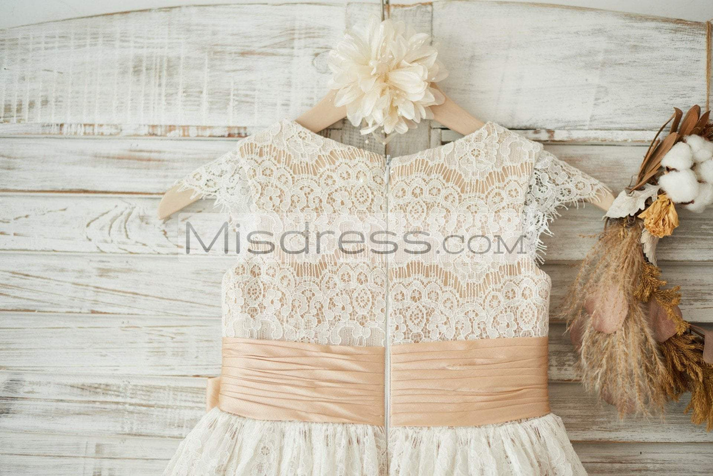 Champagne Satin Ivory Lace Cap Sleeves Wedding Flower Girl Dress with Bow Belt - Flower Girl Dresses