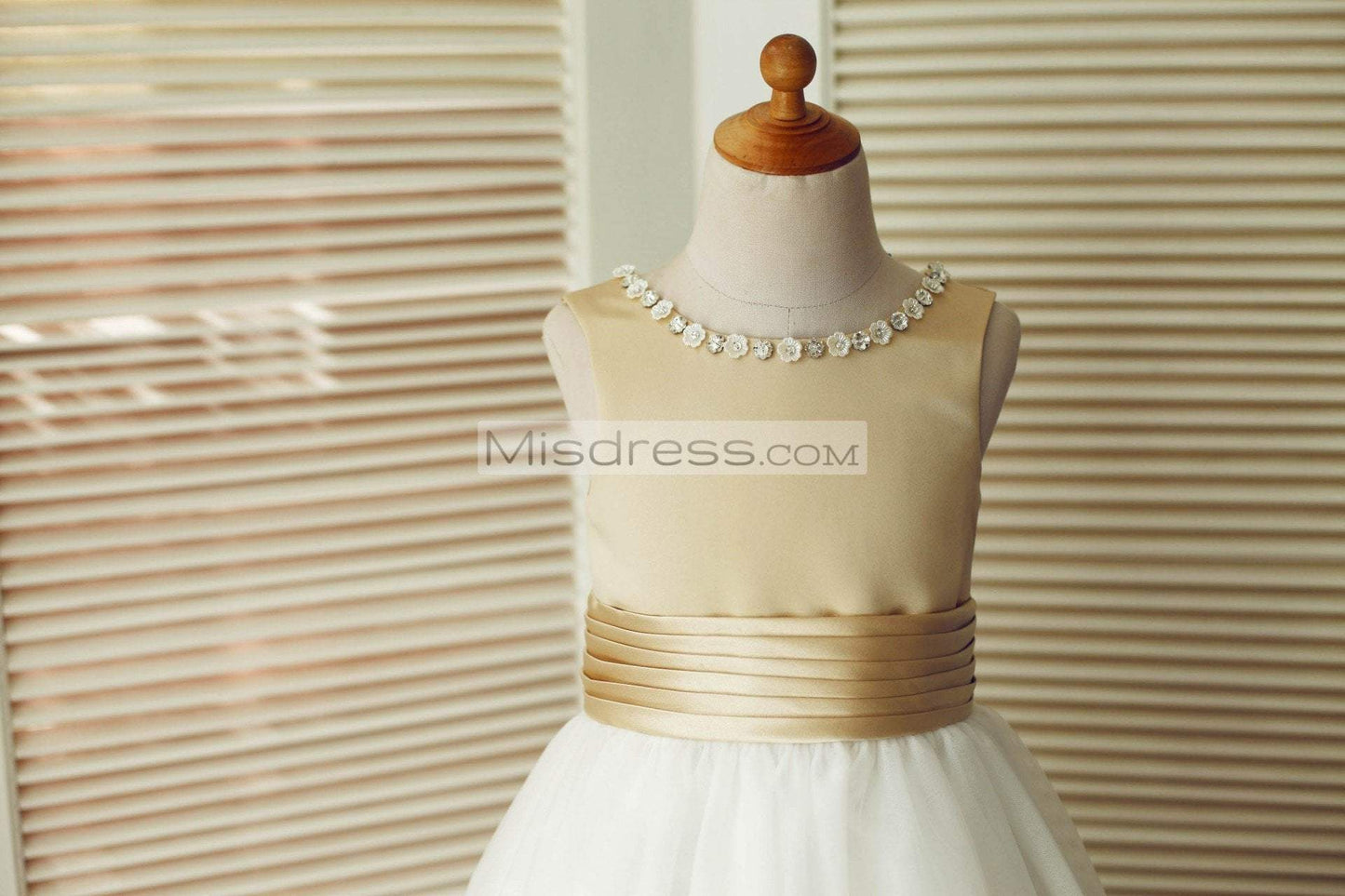 Champagne Satin Ivory Tulle Wedding Flower Girl Dress with Beaded Neckline - Flower Girl Dresses