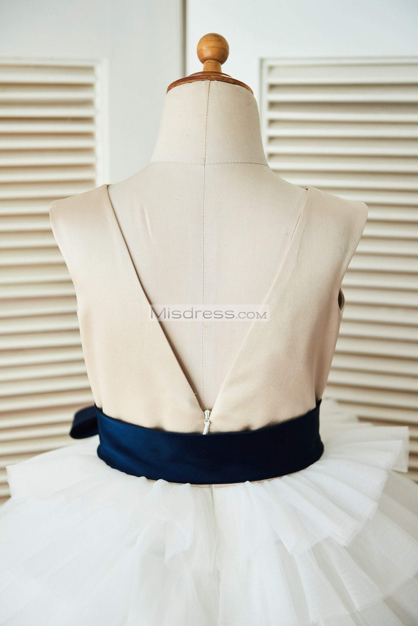 V Back Champagne Satin Ivory Tulle Wedding Flower Girl Dress with Navy Blue Belt - Flower Girl Dresses