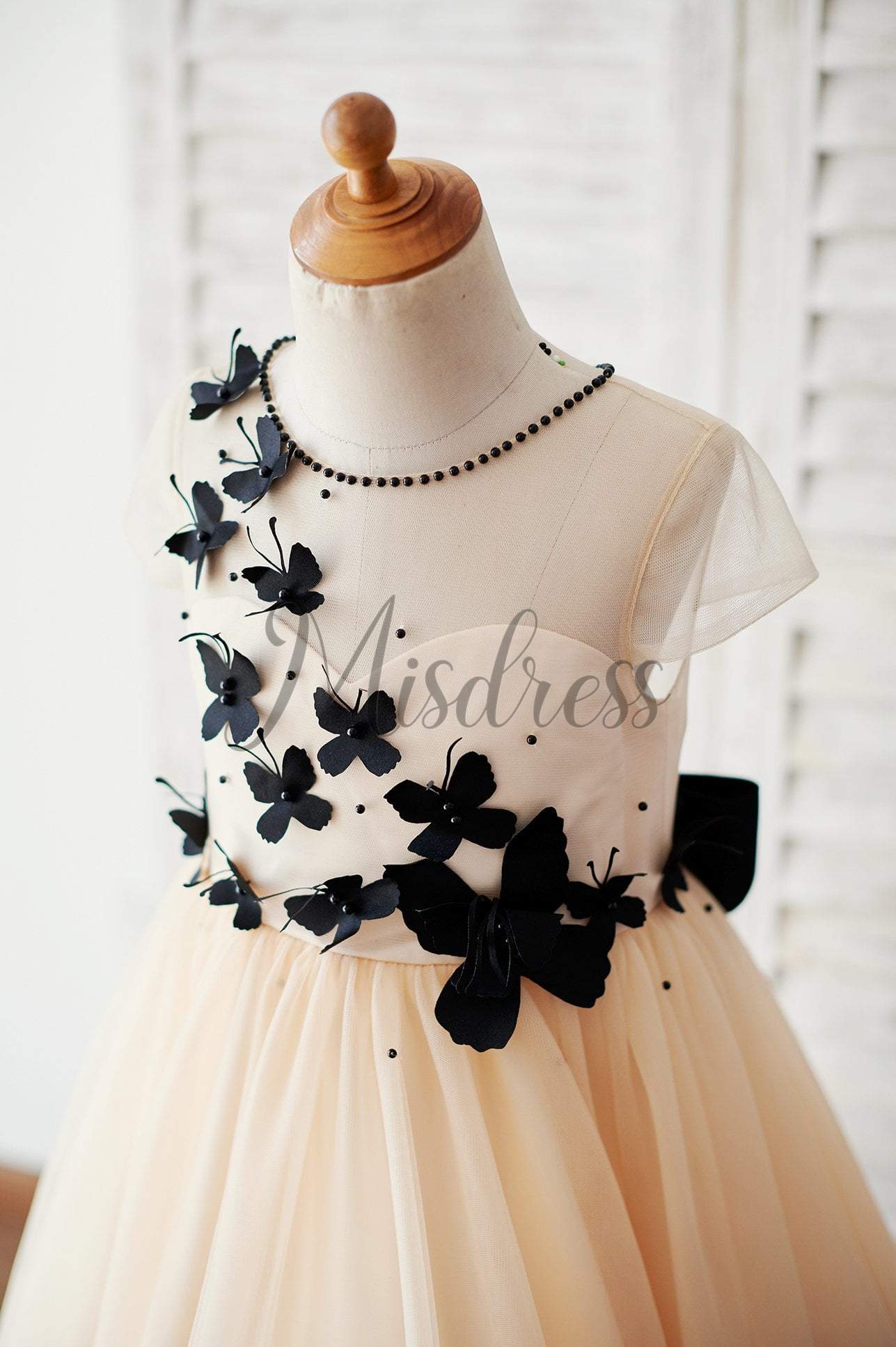 Champagne Tulle Cap Sleeves Wedding Flower Girl Dress with Black Butterflies - Flower Girl Dresses