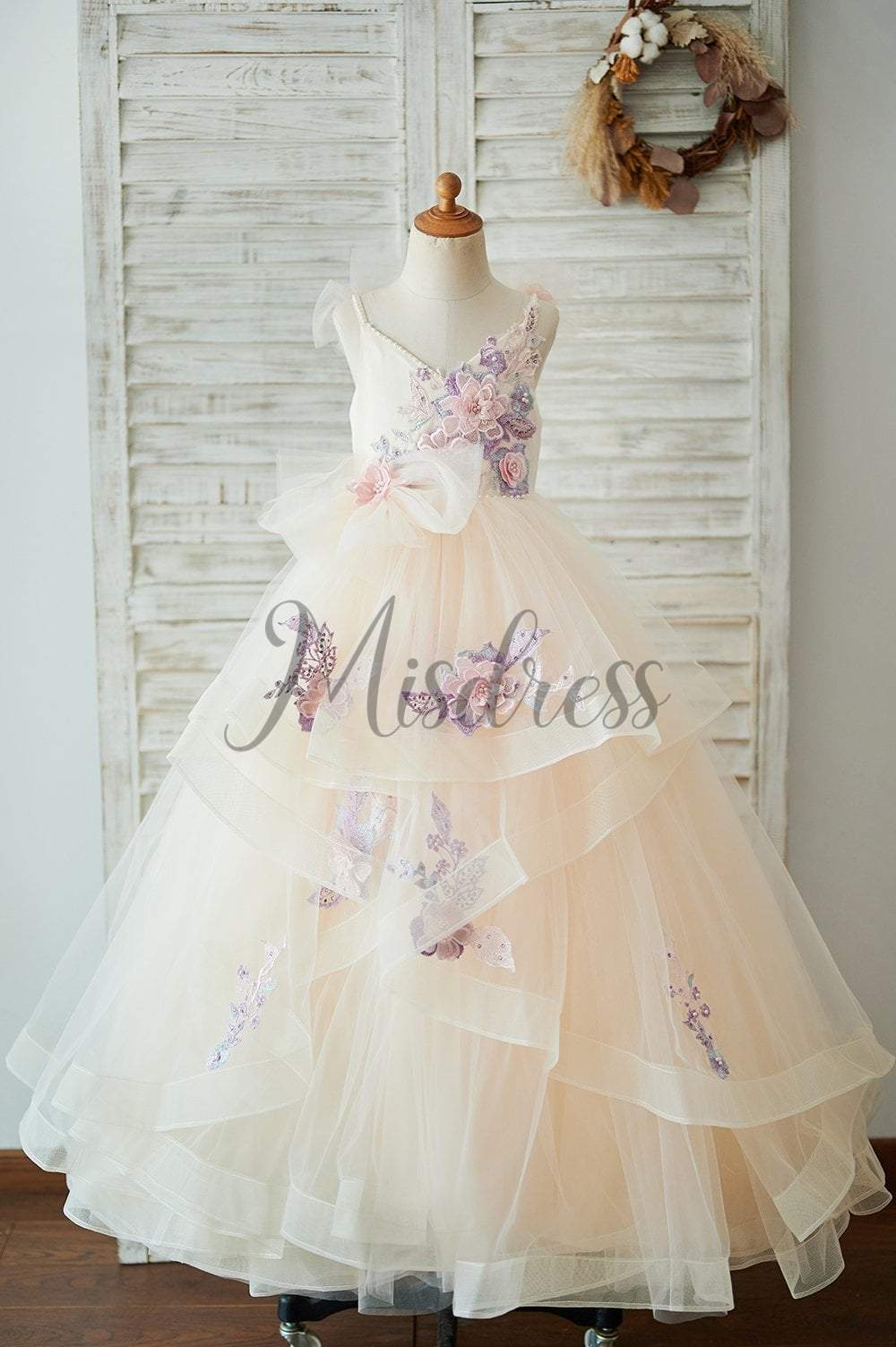 champagne flower girl dress Tulle Straps Pearls Wedding Dress, Embroidery Lace 3T --- Chest = 22 inches/Waist = 21 inches/ Hollow to floor = 35 inches popular_accessories Boho Fringe Wedding Dress The double strap at Rental Period:2 SESSIONS