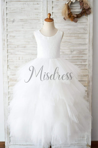 Backless Ivory Lace Ruffle Tulle Wedding Flower Girl Dress - Flower Girl Dresses