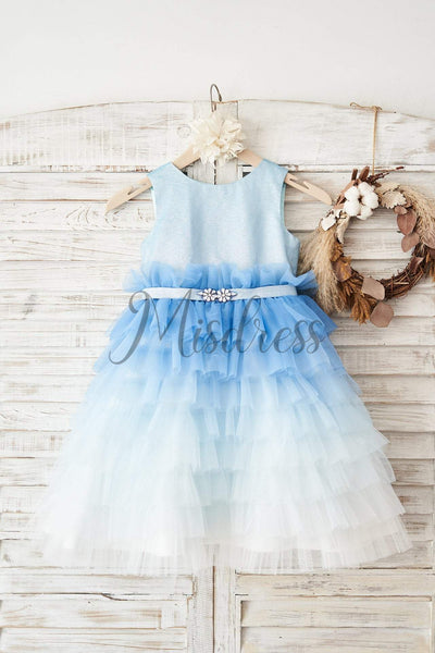 Ombre Blue Glittering Tulle Cupcake Wedding Flower Girl Dress - Flower Girl Dresses