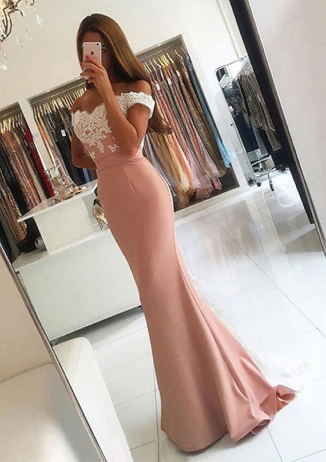 Dusty Pink Off Shoulder Elastic Satin Lace Formal Prom Dress, Fishtail Dusty Pink Off Shoulder Elastic Satin Lace Formal Prom Dress, Fishtail