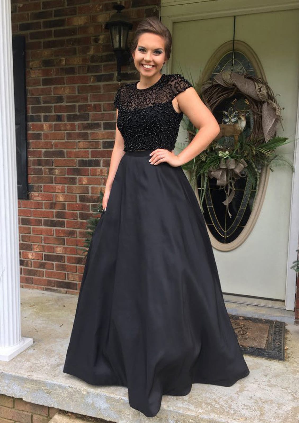 Elastic Satin Prom Dress Black A-Line Floor Length Cap Sleeve Cut-Out Beading