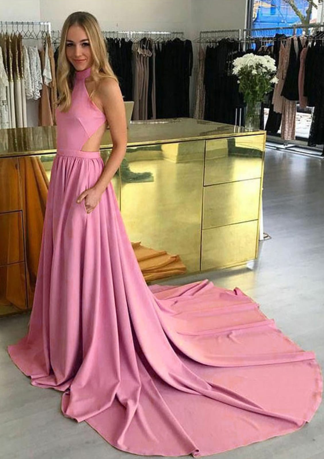Elastic Satin Prom Dress A-Line High-Neck Open Back Chapel Train, Plea | Misdress Elastic Satin Prom Dress A-Line High-Neck Open Back Chapel Train, Plea | Misdress