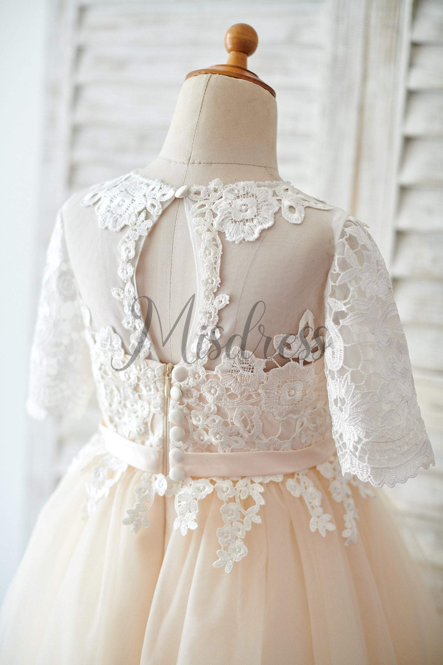 Princess Short Elbow Sleeves Ivory Lace Champagne Tulle Wedding Flower Girl Dress - Flower Girl Dresses