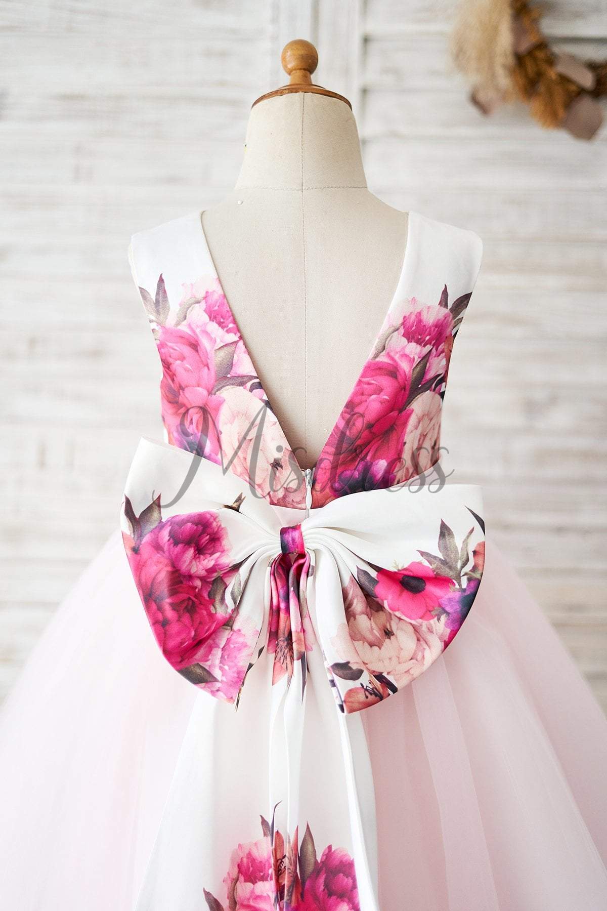 Floral Print Satin Pink Tulle V Back Wedding Flower Girl Dress - Flower Girl Dresses