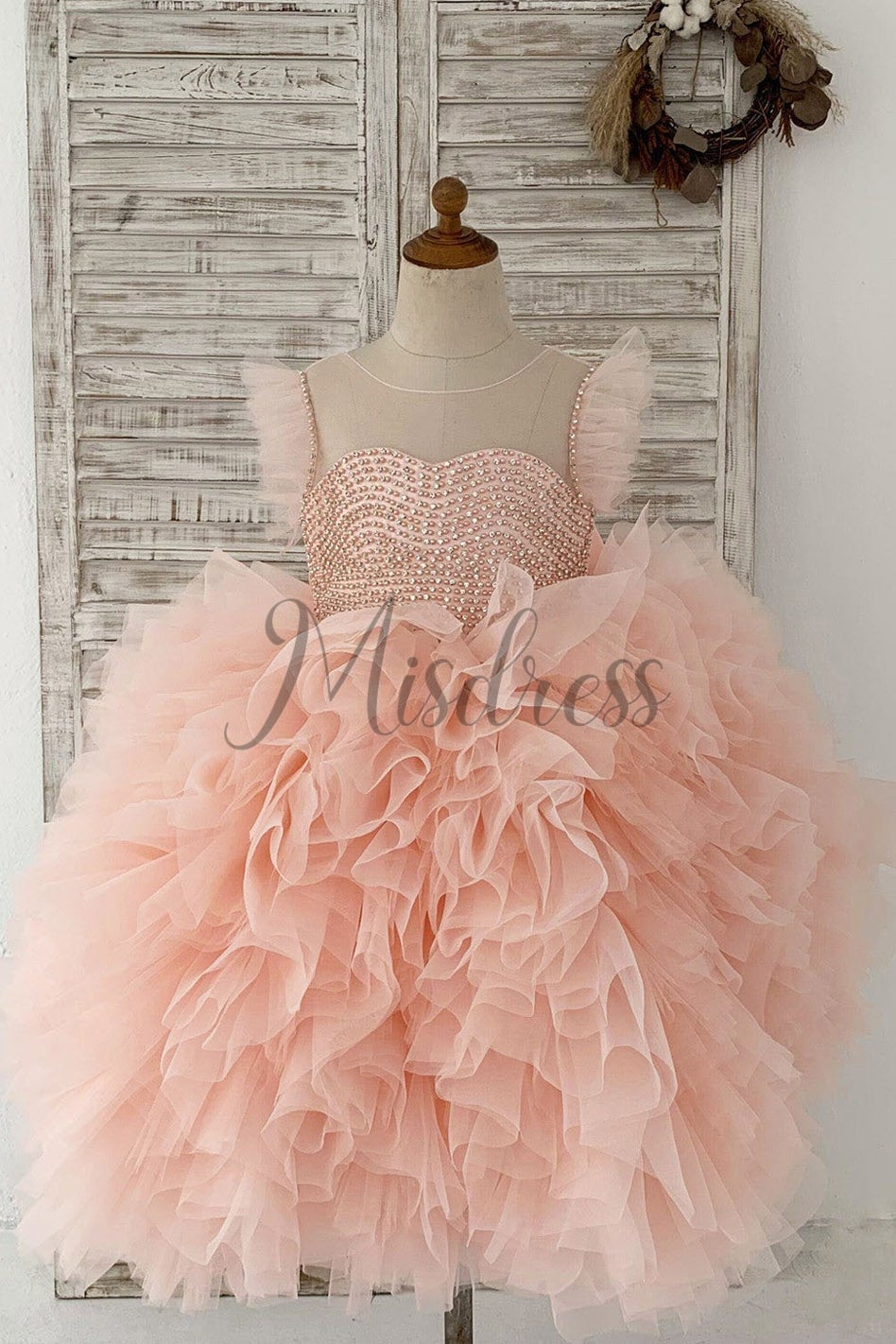 Fluffy Sleeves Beaded Peach Tulle Organza Wedding Flower Girl Dress Kids Party Custom Size Fluffy Sleeves Beaded Peach Tulle Organza Wedding Flower Girl Dress Kids Party Custom Size