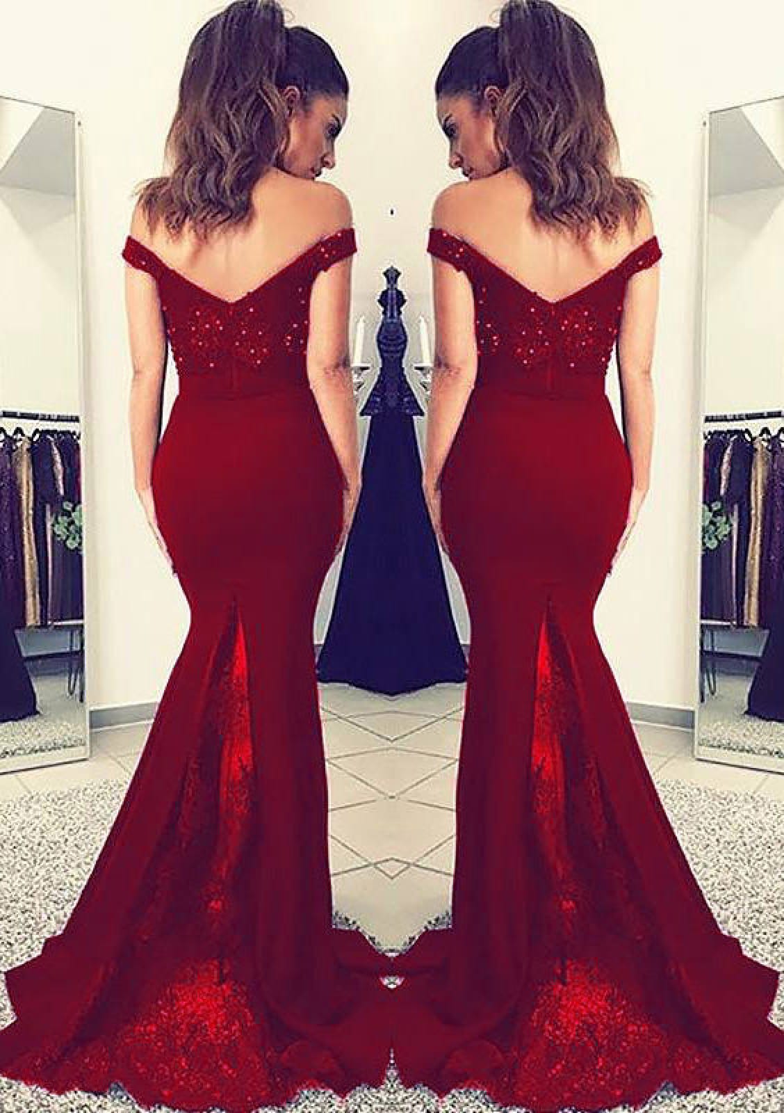 Formal Mermaid Navy Satin Off Shoulder Fishtail Evening Gown