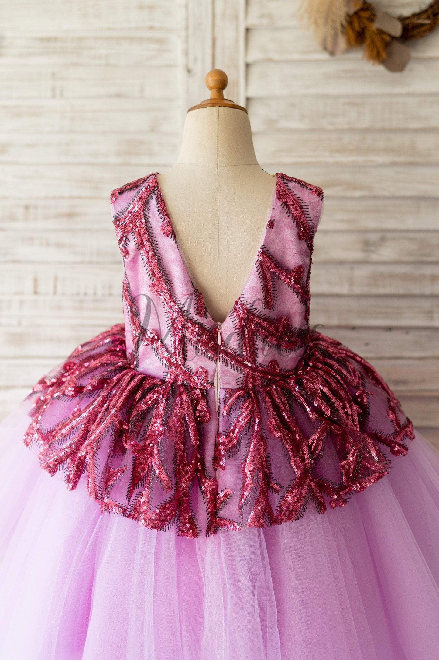 Fuchsia Sequin Tulle V Back Hi Low Wedding Flower Girl Dress Kids Party Dress