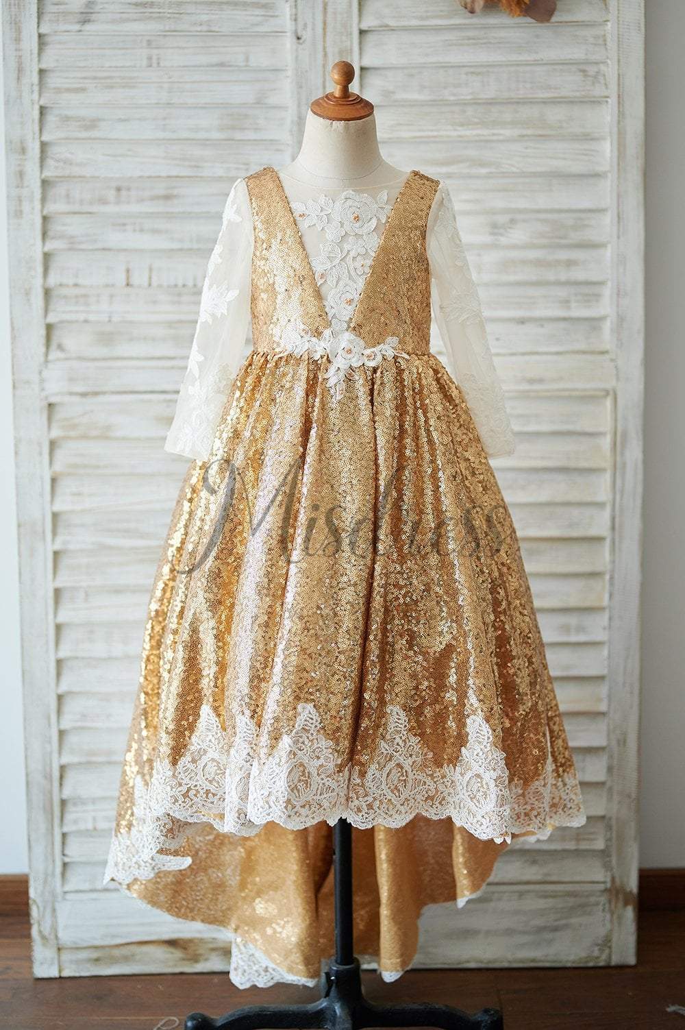 Hi Low Gold Sequin Ivory Lace Tulle V Neck Flower Girl Dress 2T