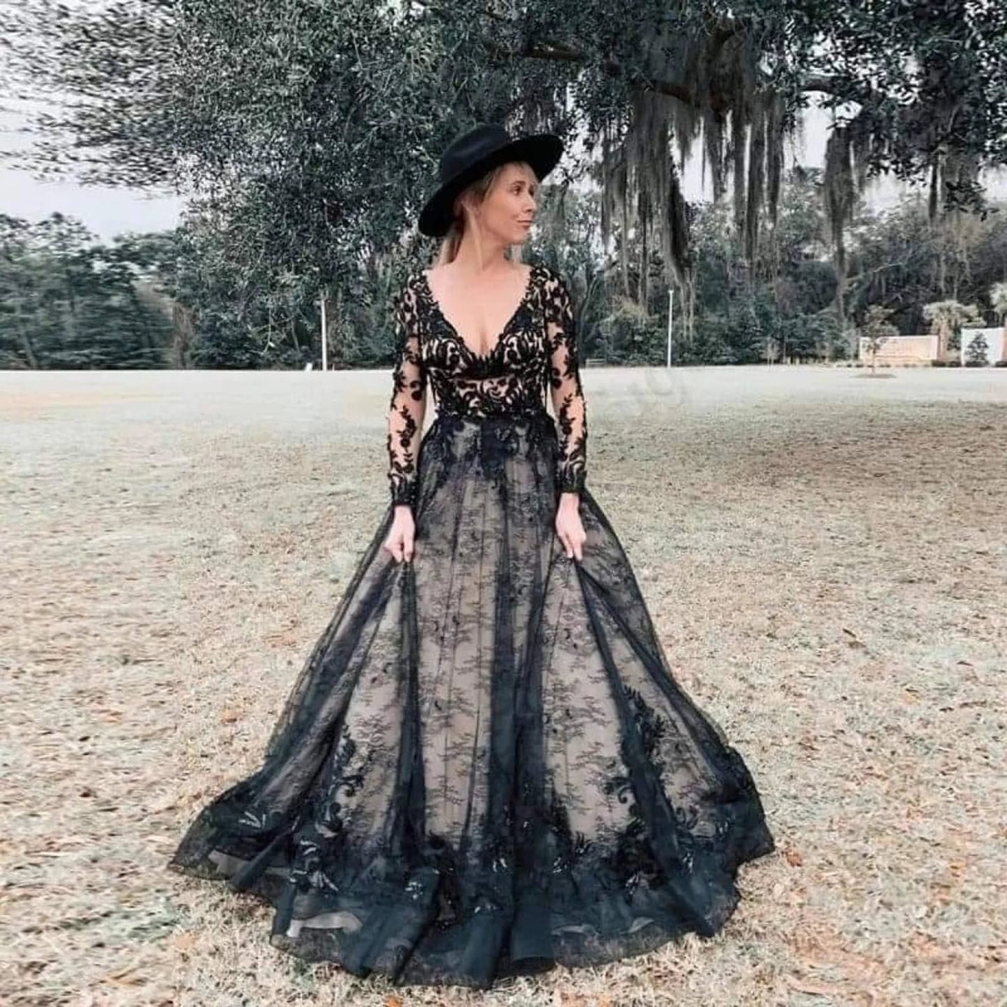 Gothic A-line V Neck Long Sleeve Chapel Black Lace Wedding