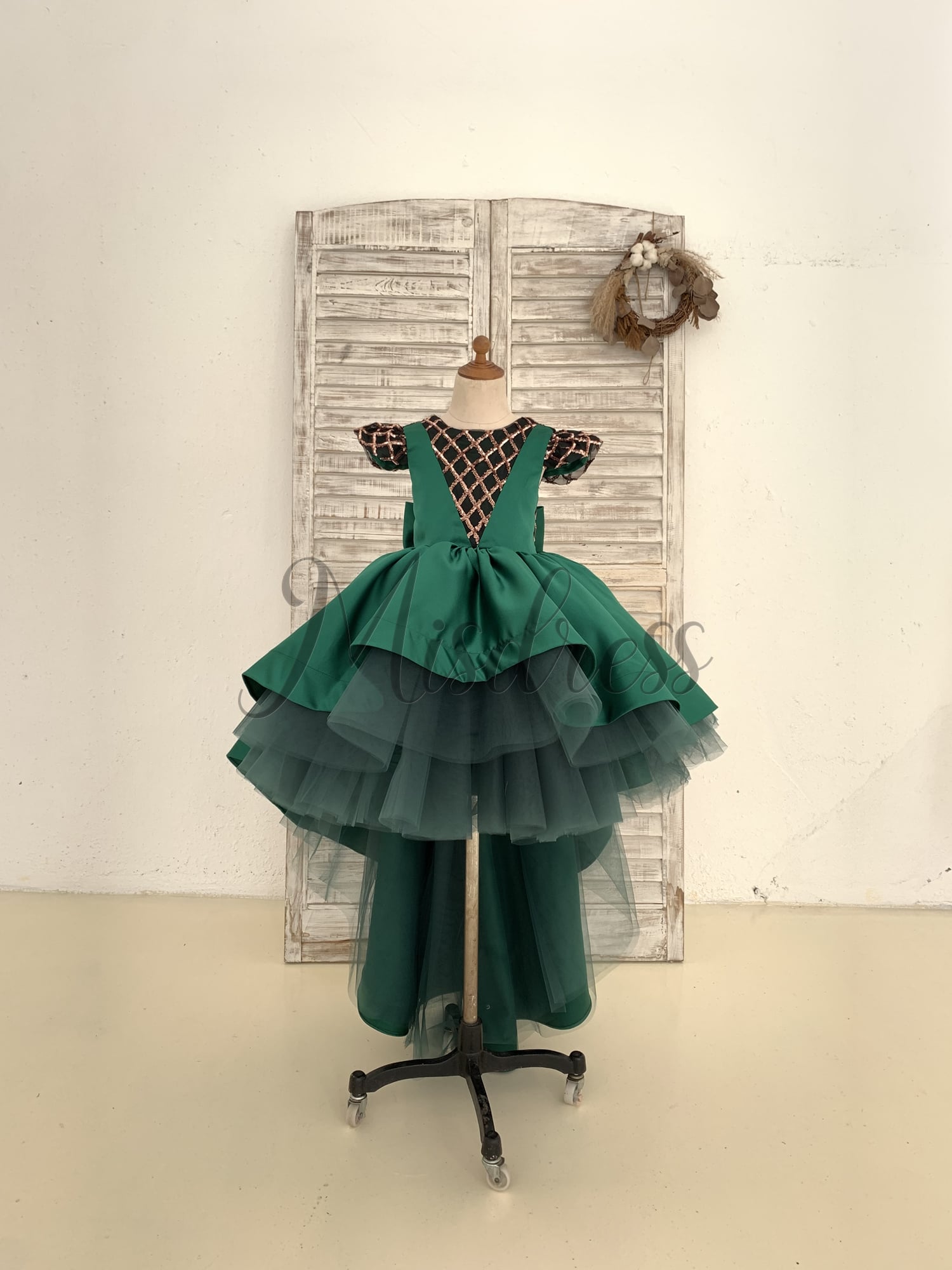Hi-Low Layered Green Satin Sequin Tulle Cap Sleeves Flower Girl Dress 3T