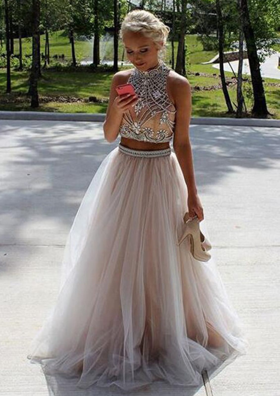 peach two piece prom dress Prom Dress Two Piece Evening Long Formal Cocktail Peachy Salmon Size Medium