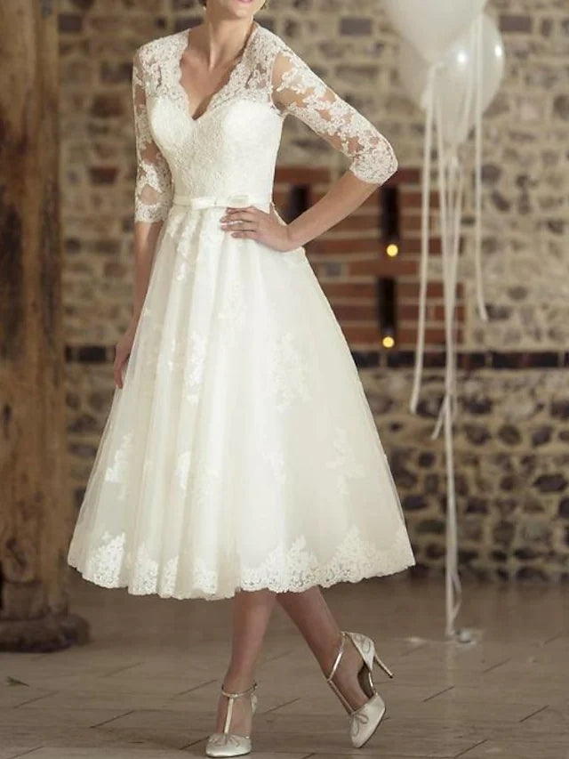 v neck wedding dress with sleeves Boho Lace Deep V-Neck Bell A-Line Every stitch and seam is imbued with the artisans dedication to beauty and quality Lace Wedding Dress White M