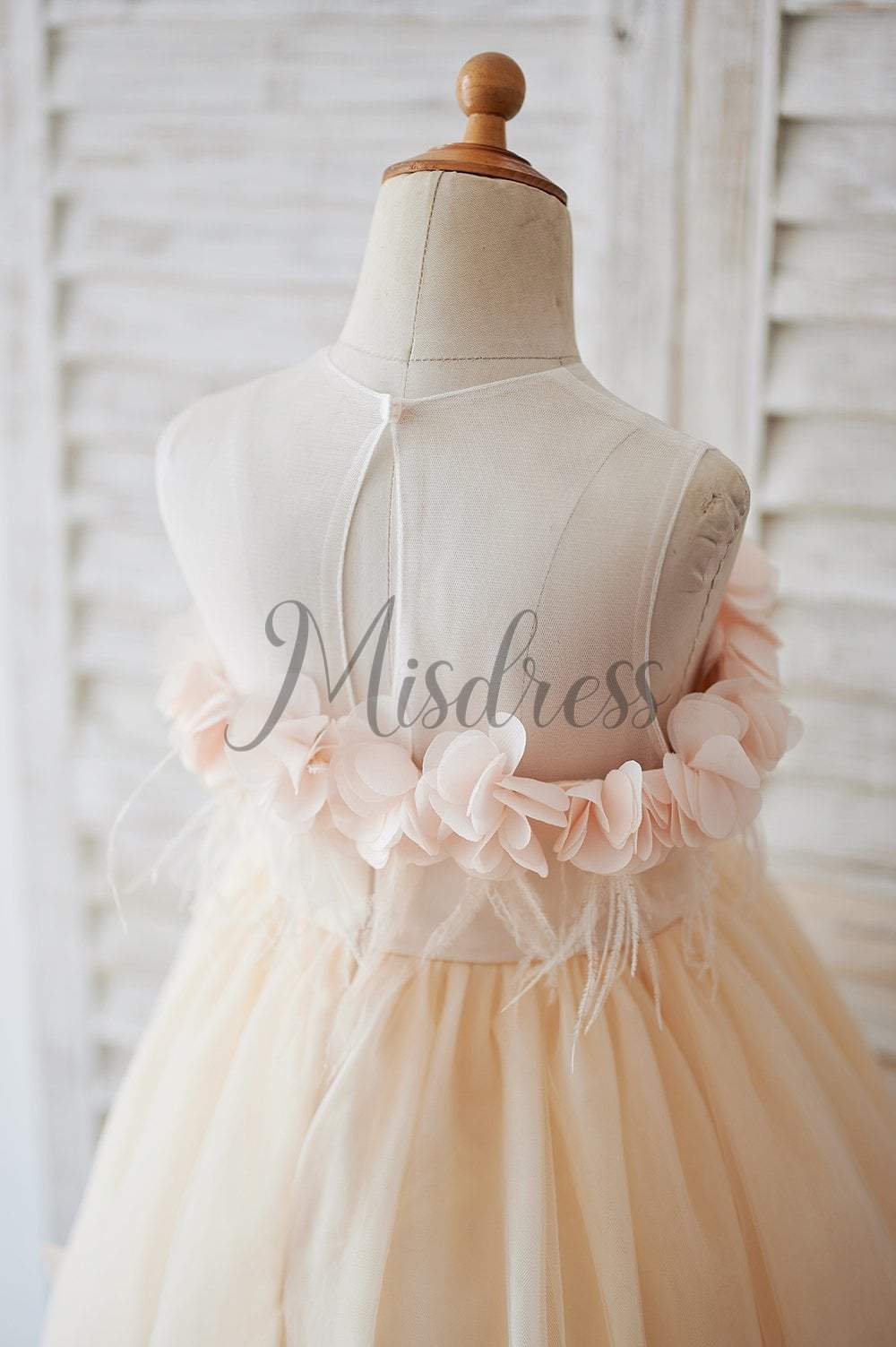 Illusion Champagne Tulle Feathers Wedding Party Flower Girl Dress - Flower Girl Dresses