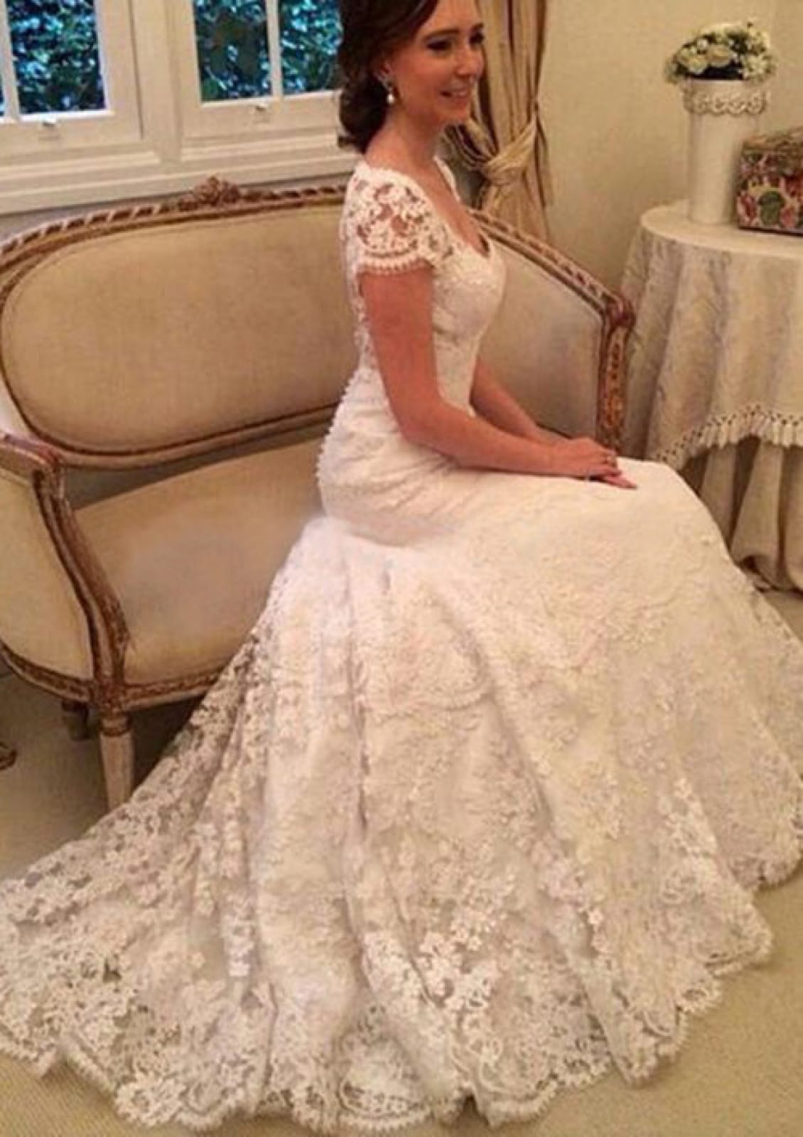 Illusion Short Sleeve Trumpet Court Lace Wedding Dress