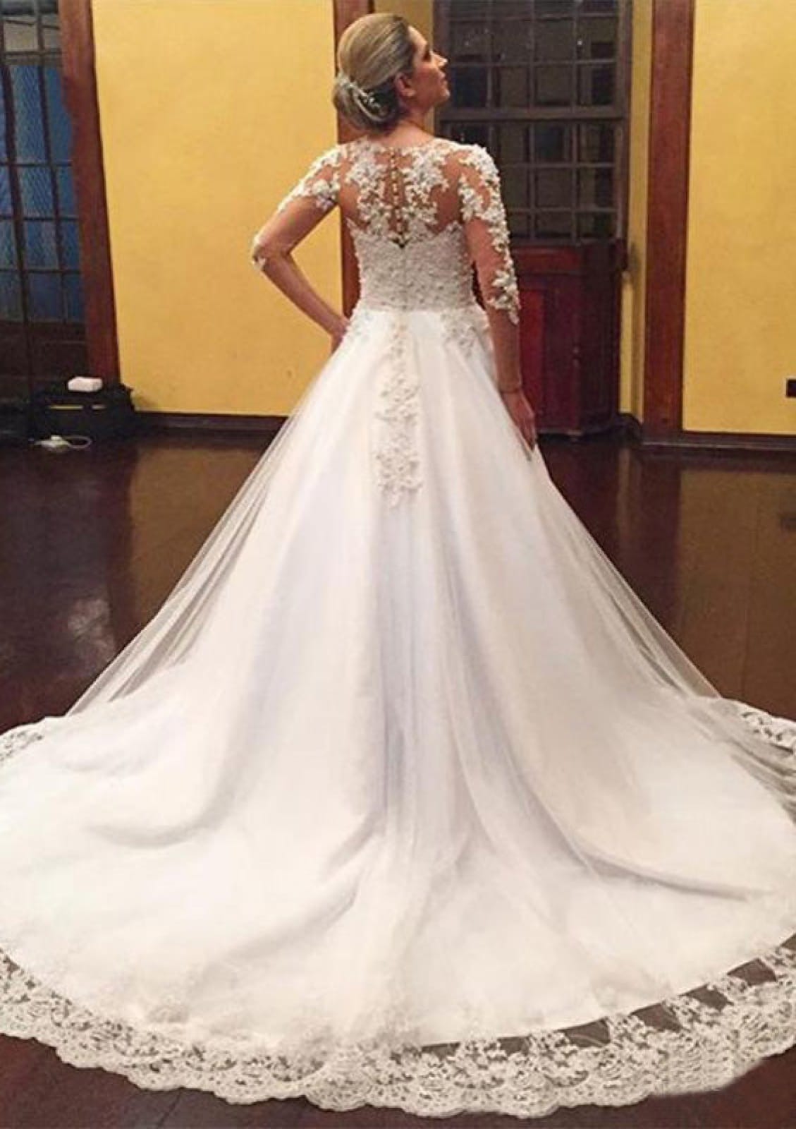 Illusion Sleeve V-Neck Beaded Applique Chapel A-line Tulle