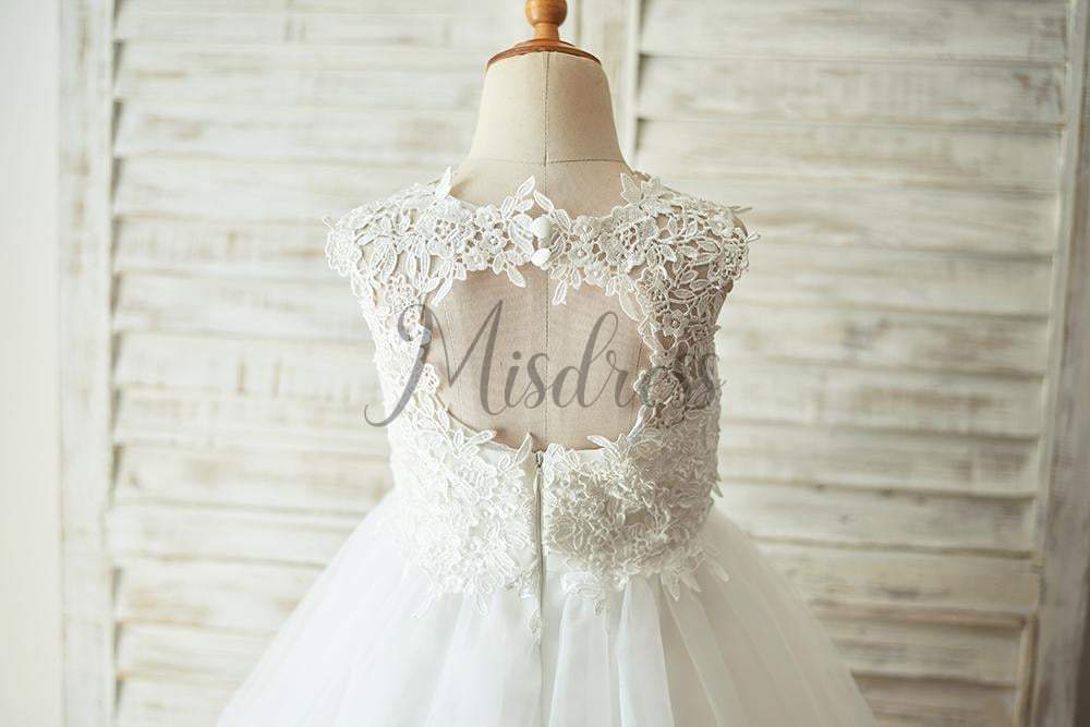 Ivory Lace Champagne Tulle Wedding Flower Girl Dress with Keyhole Back - Flower Girl Dresses