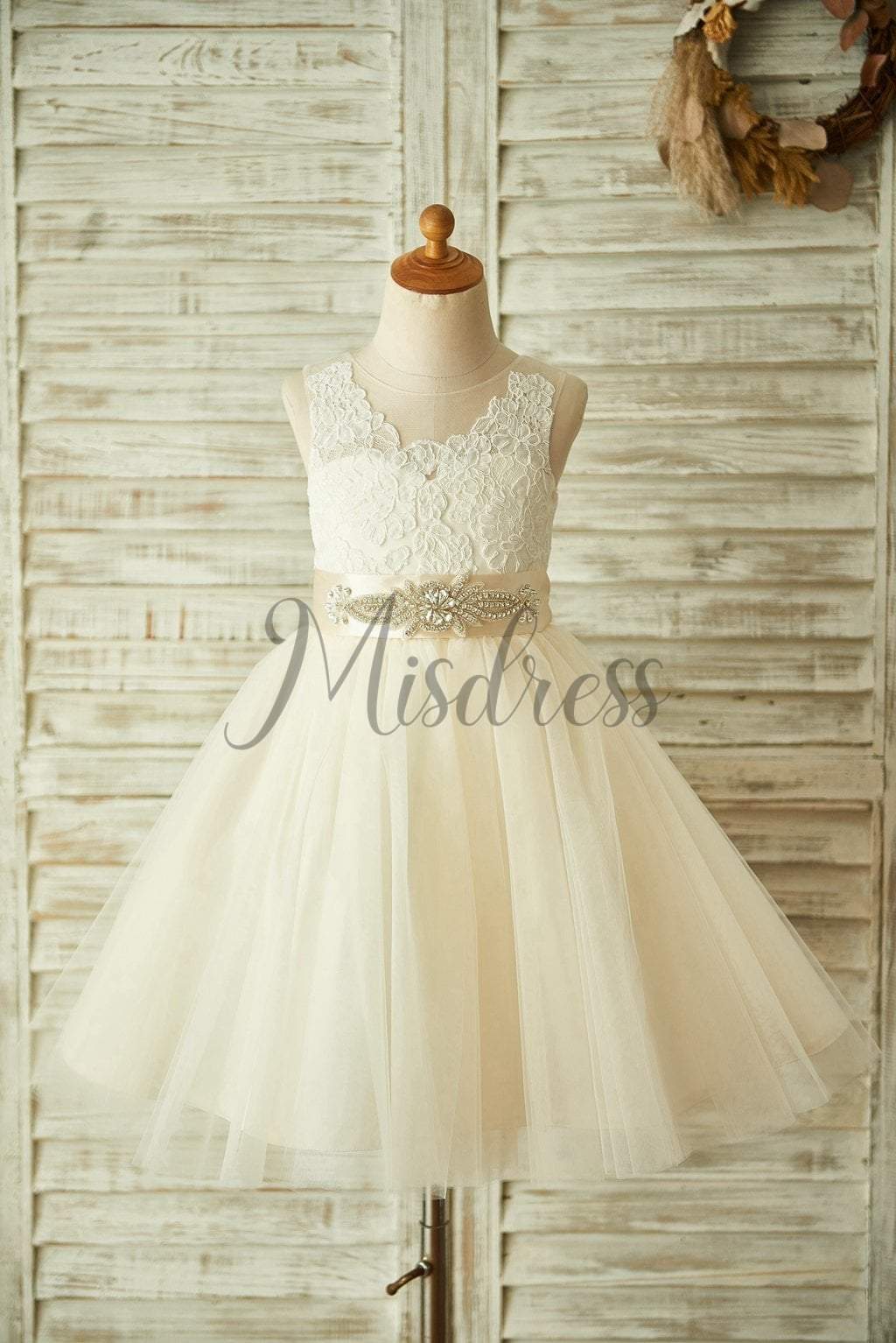 Ivory / Champagne Lace Tulle Sheer Back Wedding Flower Girl Dress, Belt 1T --- Chest = 20 inches/ Waist = 19 inches/ Hollow to knee = 20.5 inches / Ivory / Champagne Lace Tulle Sheer Back Wedding Flower Girl Dress, Belt 1T --- Chest = 20 inches/ Waist = 19 inches/ Hollow to knee = 20.5 inches /