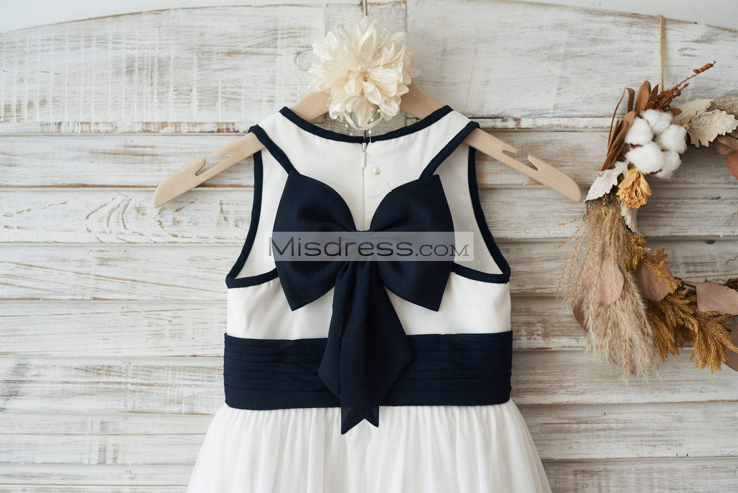 Ivory Chiffon Wedding Flower Girl Dress Junior Bridesmaid Dress With Navy Blue Bow - Flower Girl Dresses