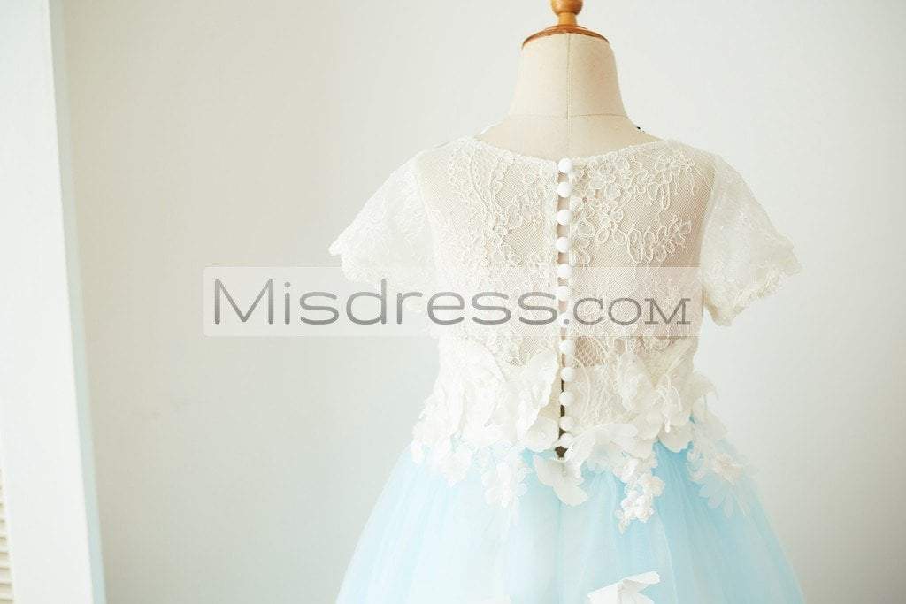 Ivory Lace Blue Tulle Short Sleeves Wedding Flower Girl Dress Full Length Party Dress with Butterfly - Flower Girl Dresses