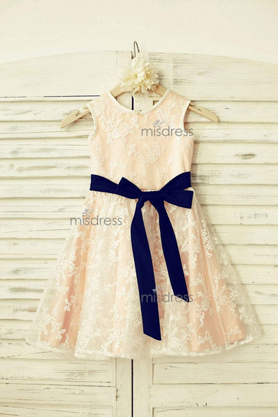 Lace Flower Girl Dress with navy blue sash /Blush Pink Lining - Flower Girl Dresses