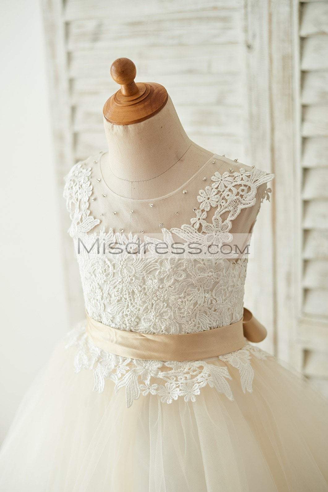 Ivory Lace Champagne Tulle Keyhole Back Wedding Party Flower Girl Dress With Belt - Flower Girl Dresses