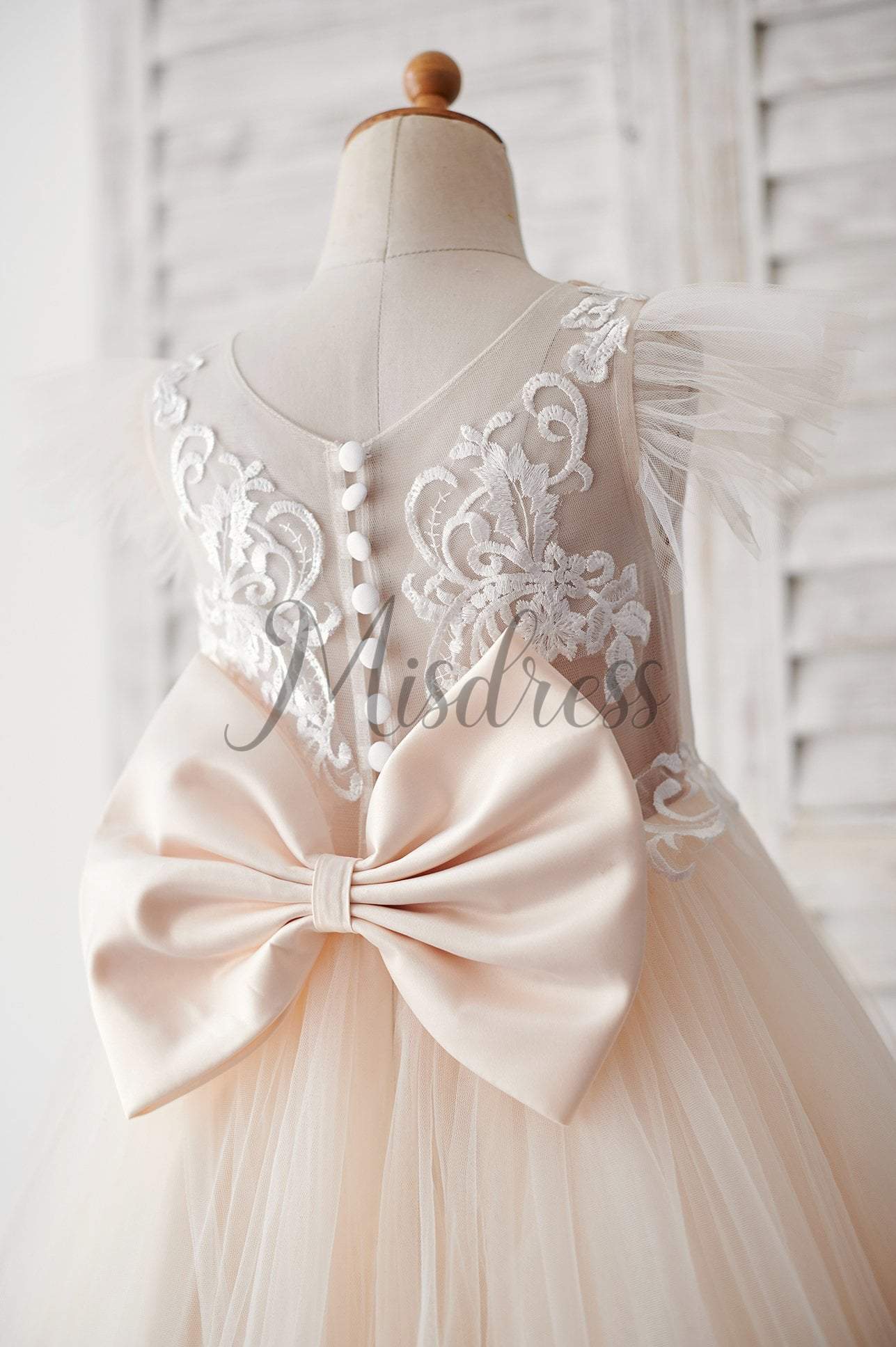 Ivory Lace Champagne tulle Ruffle Sleeves Sheer Back Wedding Flower Girl Dress - Flower Girl Dresses