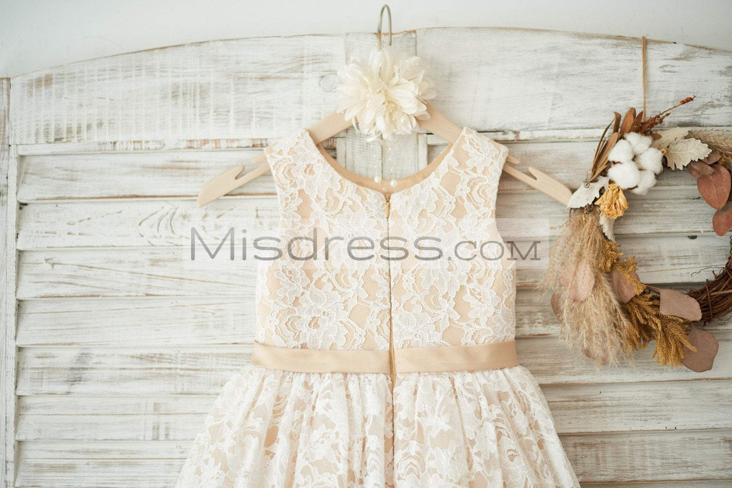 Ivory Lace Champagne Tulle Wedding Flower Girl Dress with Sash - Flower Girl Dresses
