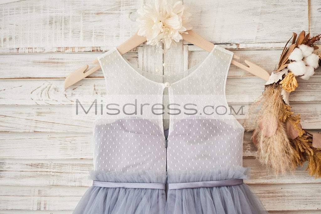 Ivory Lace Dusty Blue Tulle Sheer Back Wedding Flower Girl Dress With Belt - Flower Girl Dresses