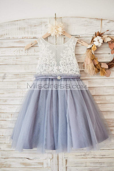 Ivory Lace Dusty Blue Tulle Sheer Back Wedding Flower Girl Dress With Belt - Flower Girl Dresses
