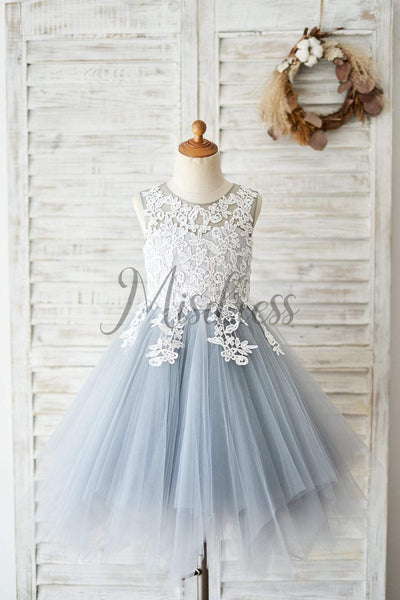 Princess Ivory Lace Gray Tulle Wedding Flower Girl Dress - Flower Girl Dresses