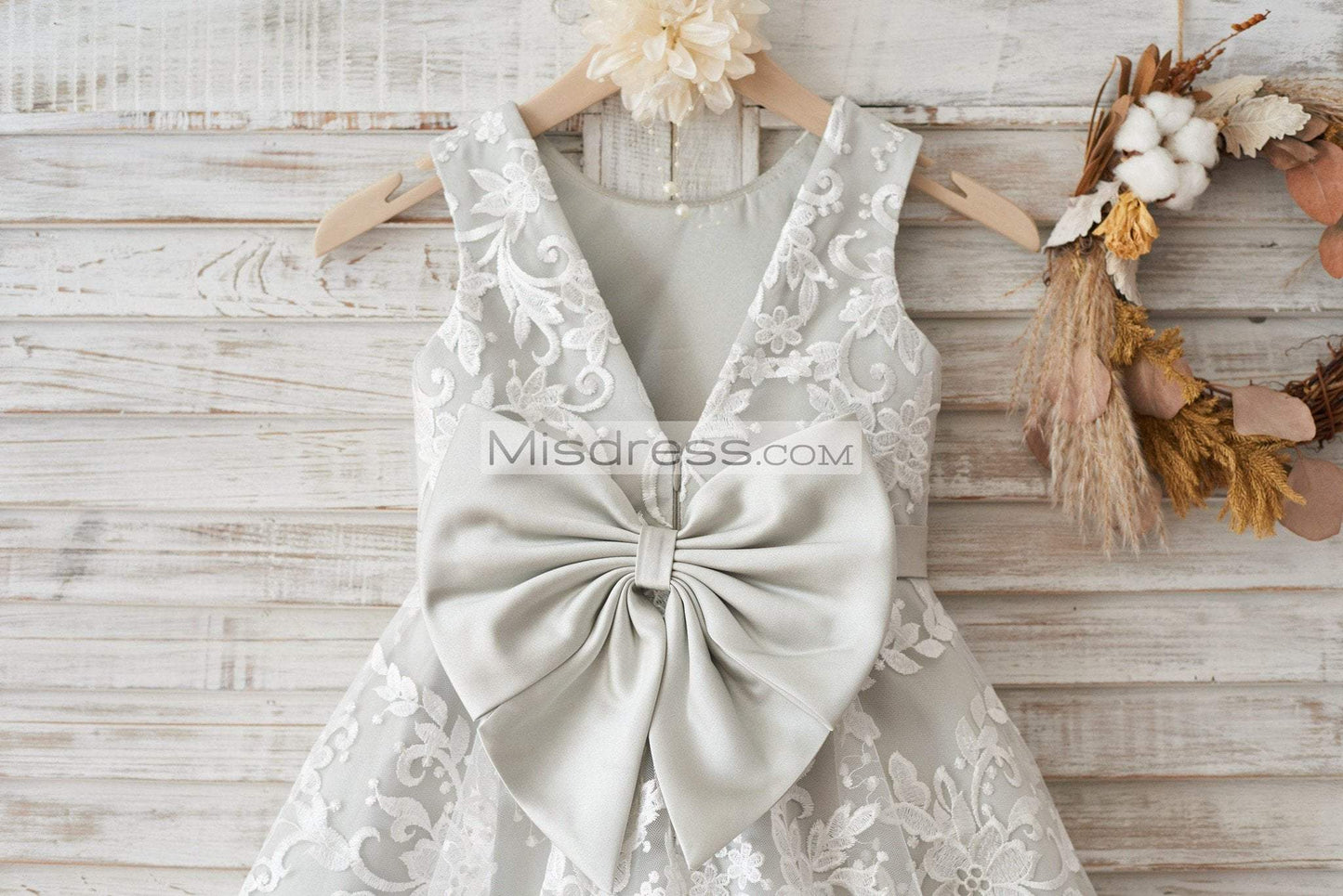 Ivory Lace Deep V Back Wedding Flower Girl Dress with Silver lining/bow - Flower Girl Dresses