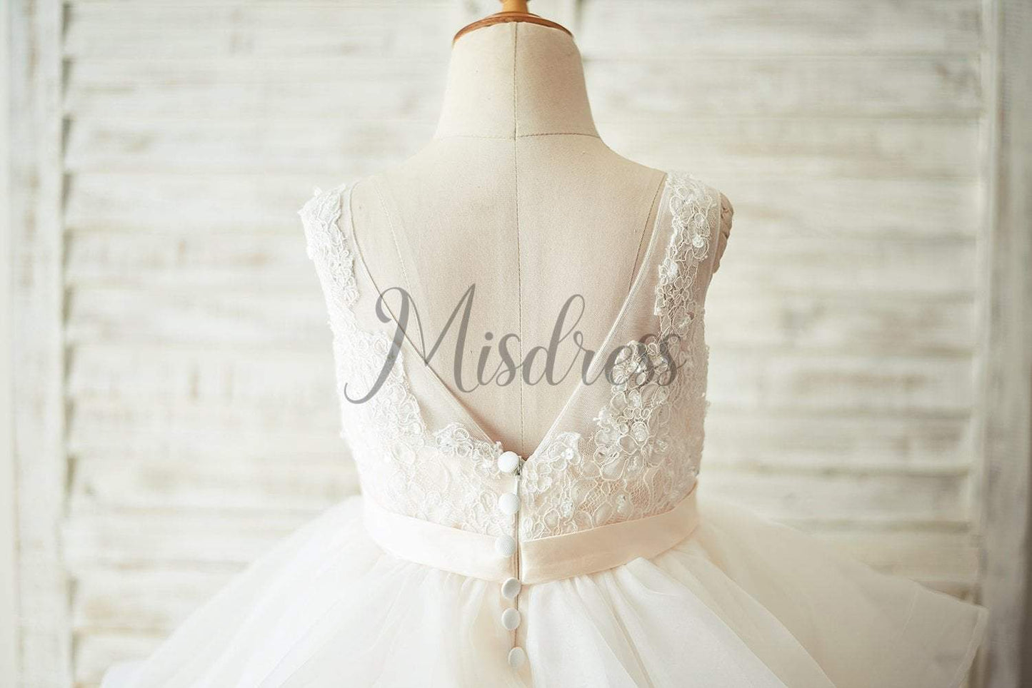 Ivory Lace Tulle Champagne Lining V Back Wedding Flower Girl Dress - Flower Girl Dresses