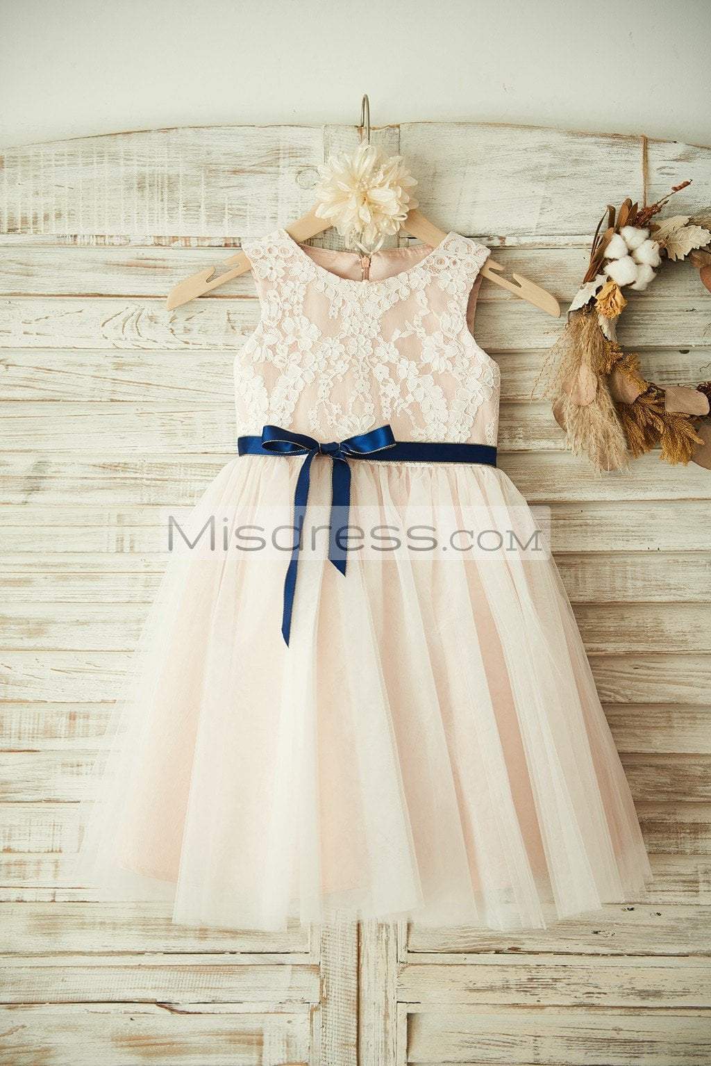 Ivory Lace Tulle Pink Lining Wedding Flower Girl Dress, Navy Blue