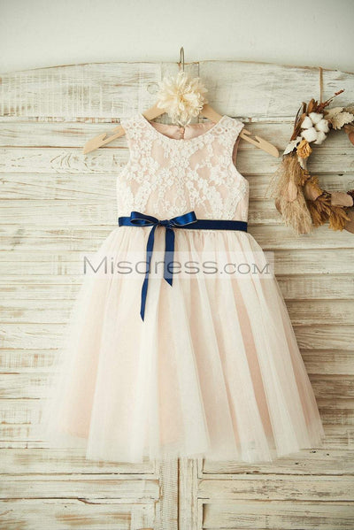 Ivory Lace Tulle Pink Lining Wedding Flower Girl Dress With Navy Blue Sash - Flower Girl Dresses