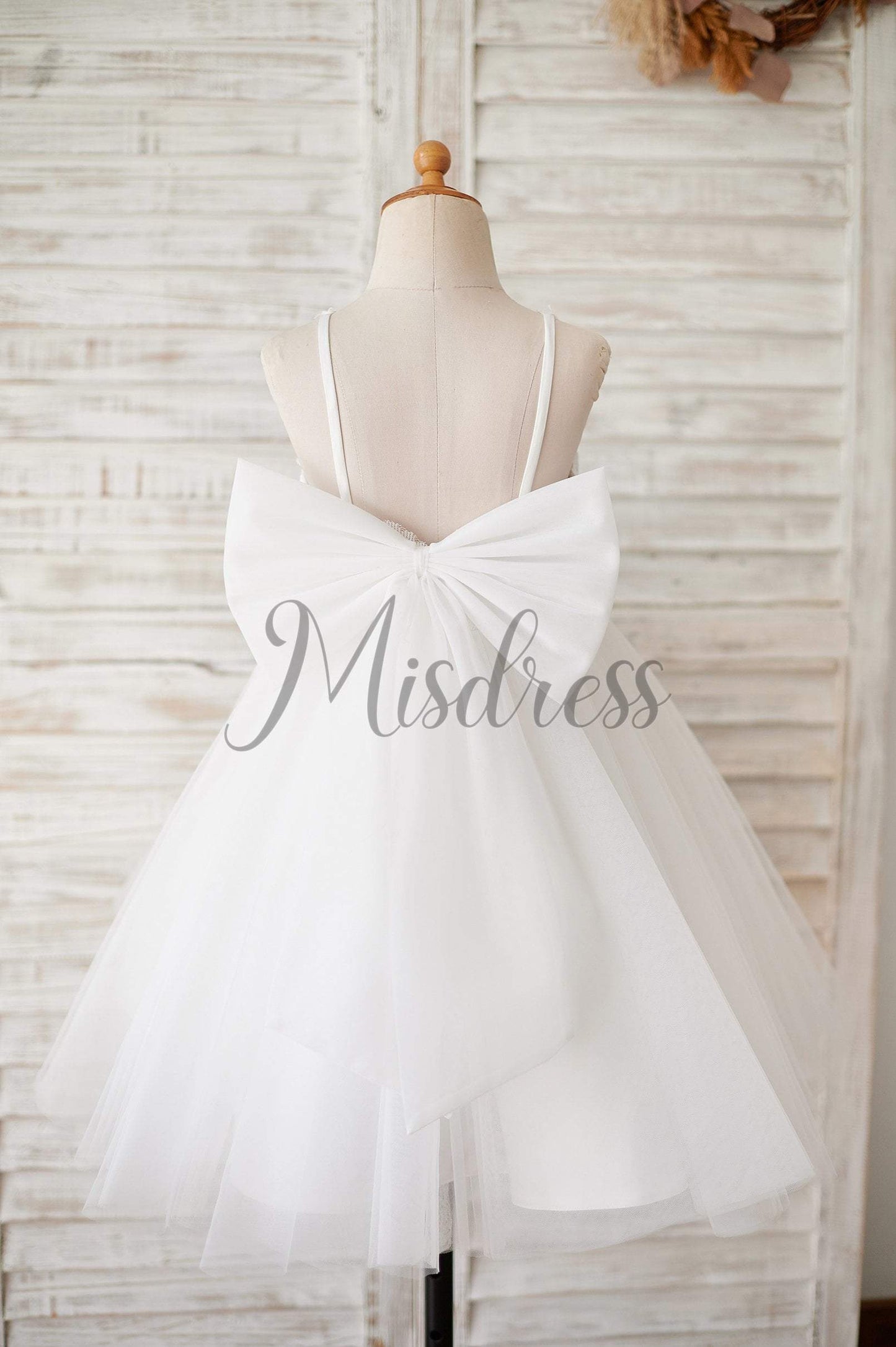 Ivory Lace Tulle Spaghetti straps Halter Neck Wedding Flower Girl Dress with Bow - Flower Girl Dresses