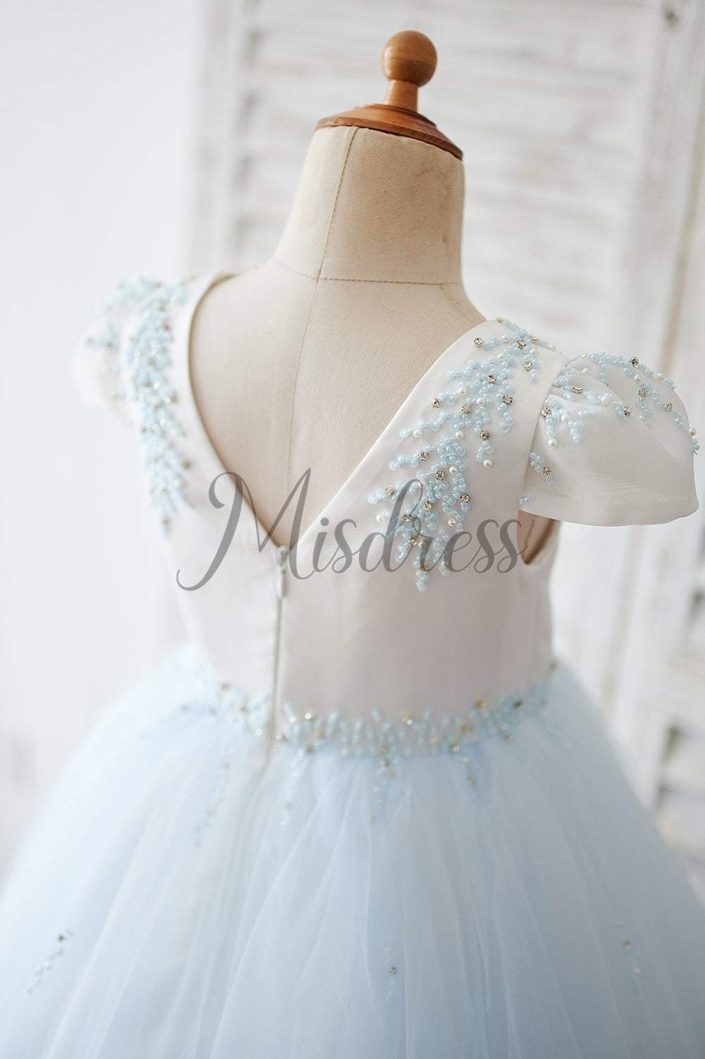 Ivory Satin Blue Tulle Cap Sleeves V Back Beaded Wedding Flower Girl Dress - Flower Girl Dresses