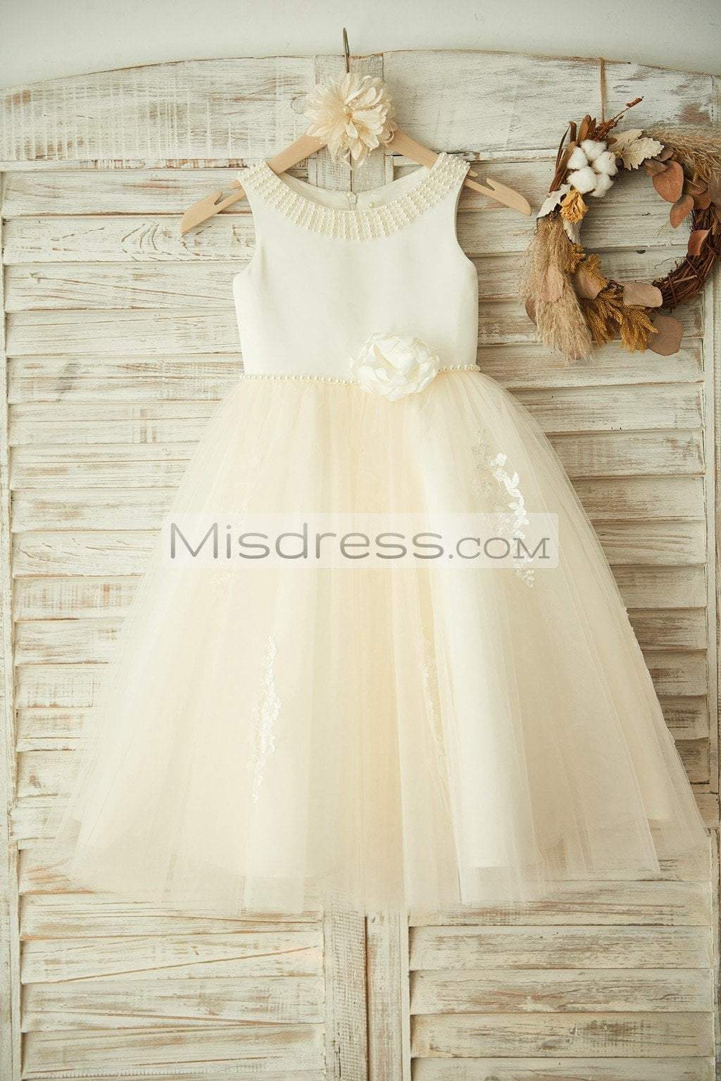 Ivory Satin Lace Champagne Tulle Wedding Flower Girl Dress, Pearls 6T --- Chest = 25 inches/ Waist = 24 inches/ Hollow to mid-calf = 33 inches
