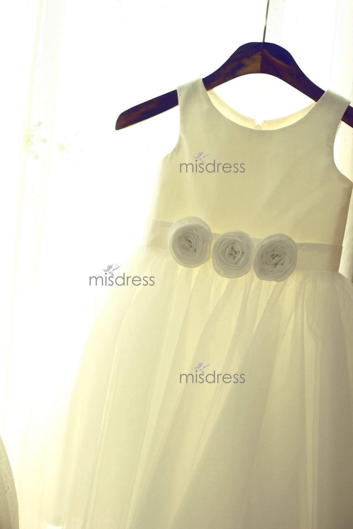 Ivory Satin Tulle Flower Girl Dress Baby Girl Dress With Flowers Sash - Flower Girl Dresses