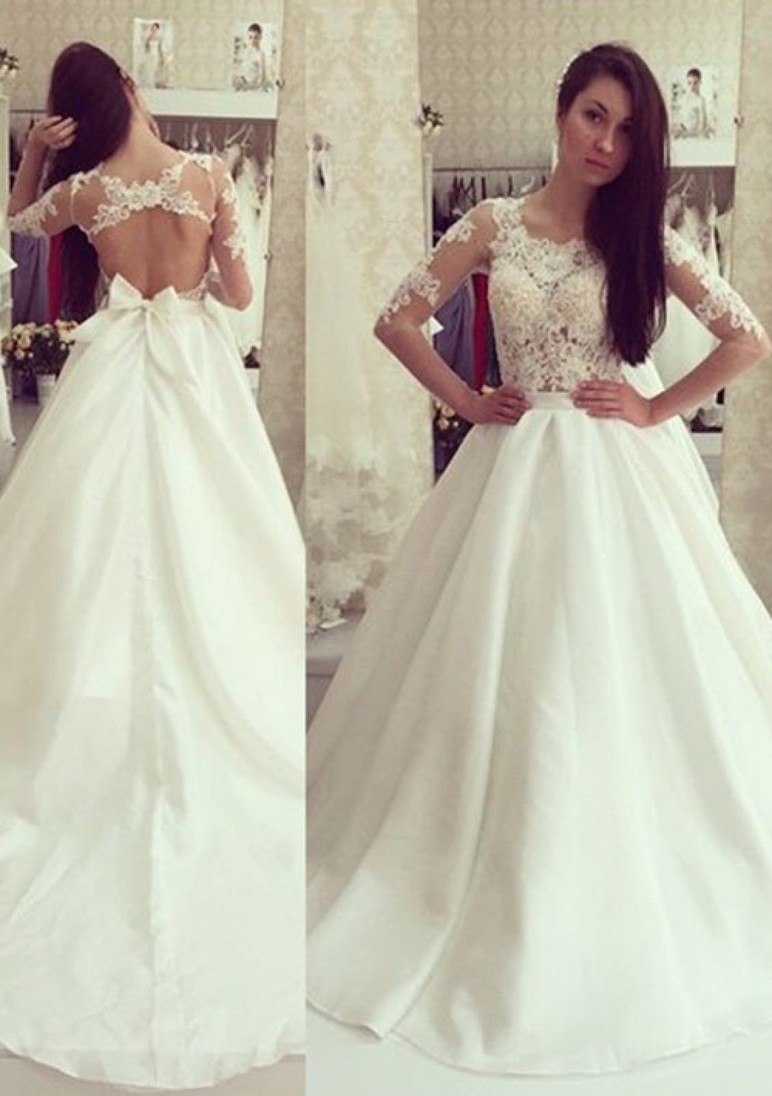 Keyhole Half Sleeve Appliqued A-line Satin Wedding Dress