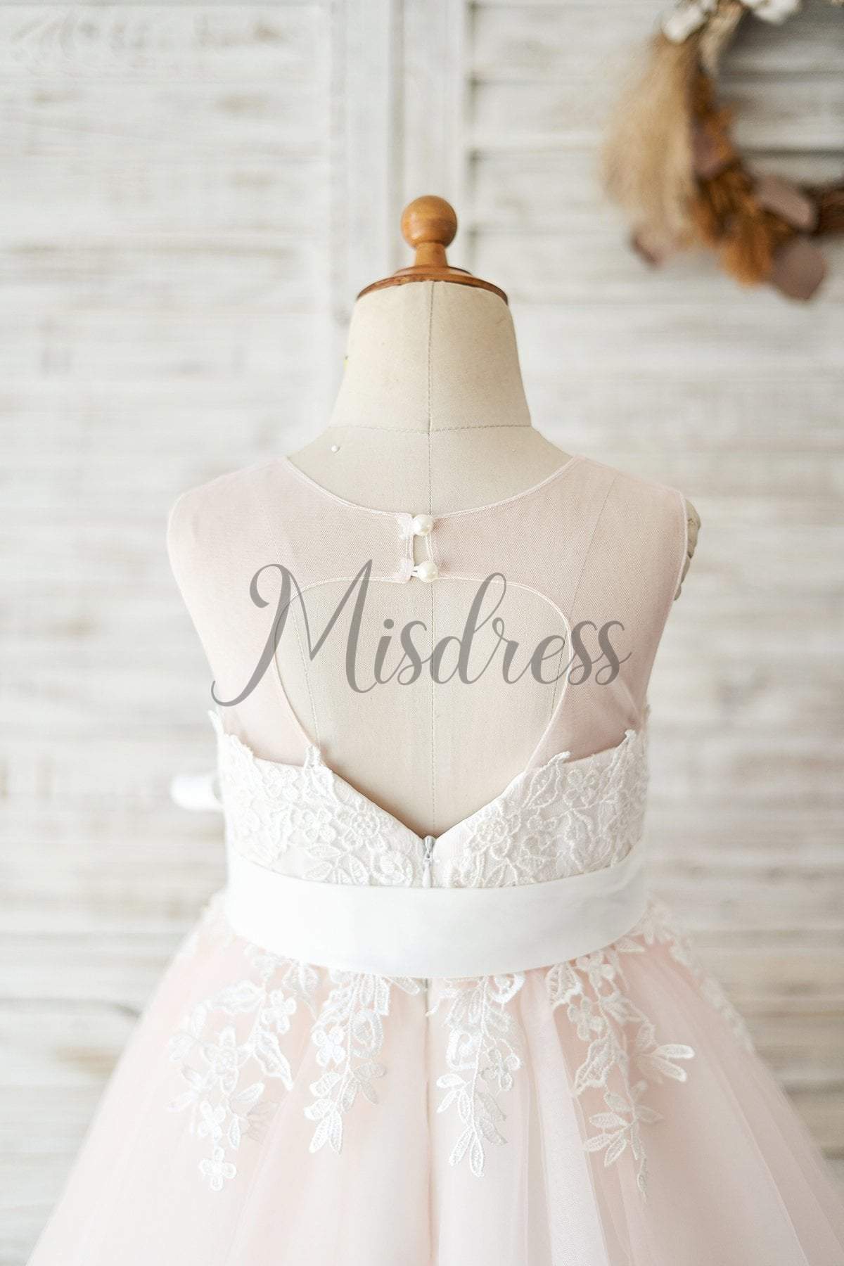 Keyhole Back Ivory Lace Pink Tulle Wedding Flower Girl Dress - Flower Girl Dresses