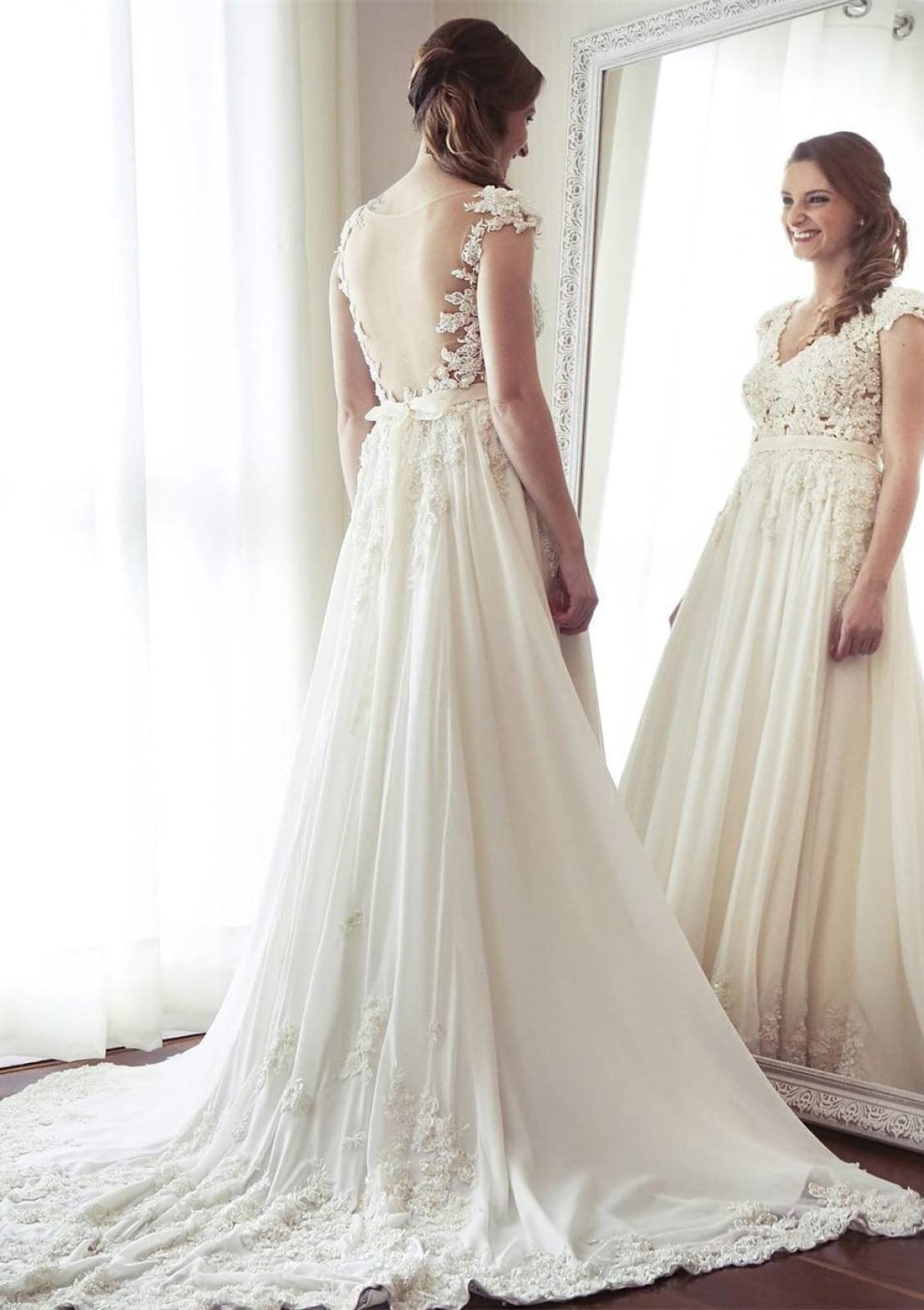 Chiffon V-Neck Sheer Back Court A-line Bridal Wedding Dress