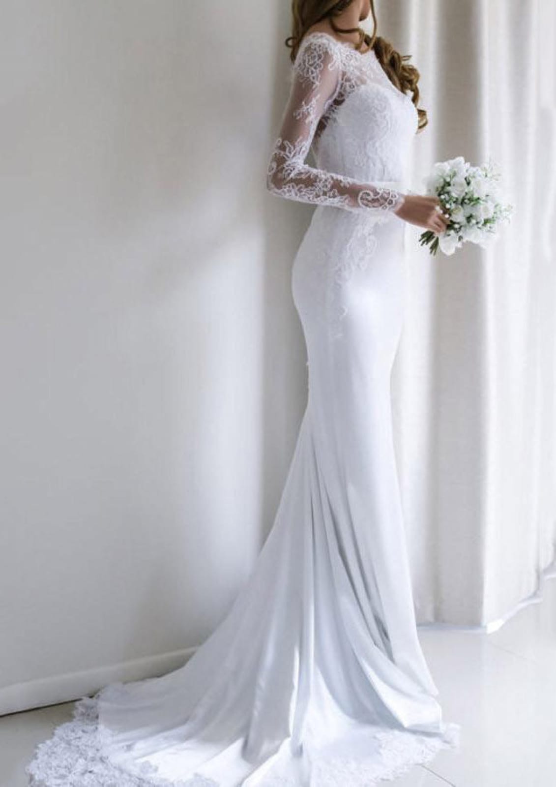 Lace Elastic Satin Bateau Long Sleeve Court Mermaid Wedding Dress, Fishtail Lace Elastic Satin Bateau Long Sleeve Court Mermaid Wedding Dress, Fishtail