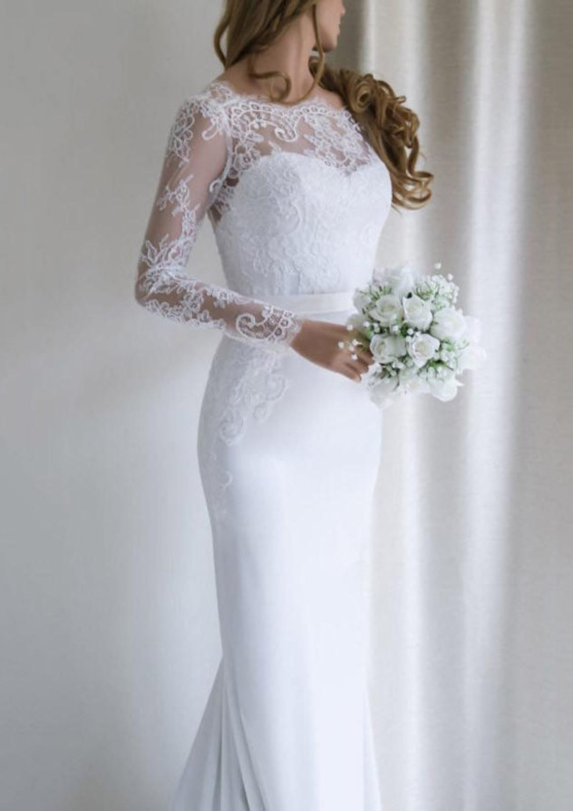 Lace Elastic Satin Bateau Long Sleeve Court Train Mermaid