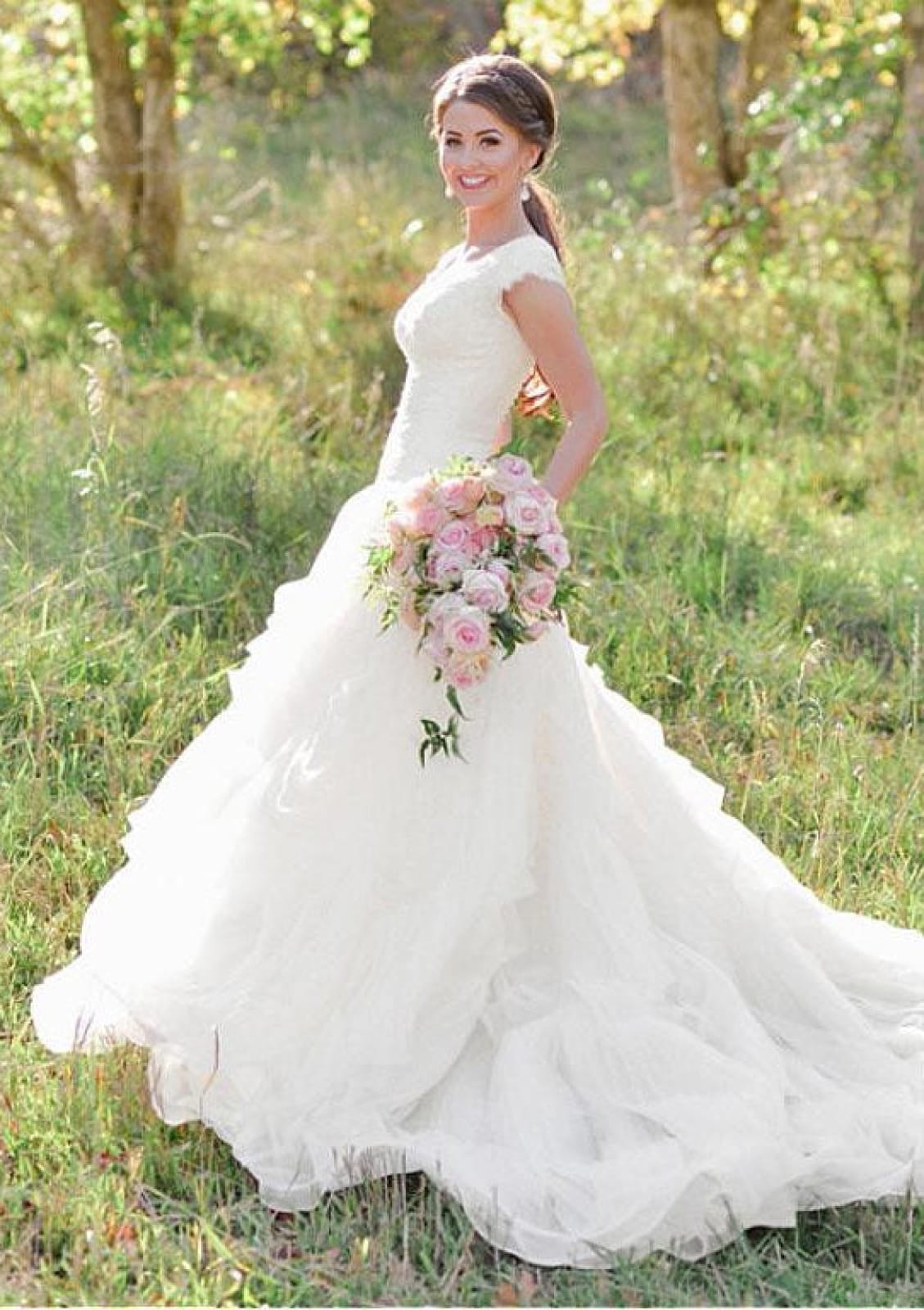 Lace Organza Ruffles Queen Anne Neck A-line Wedding Dress, Buttons |  Misdress