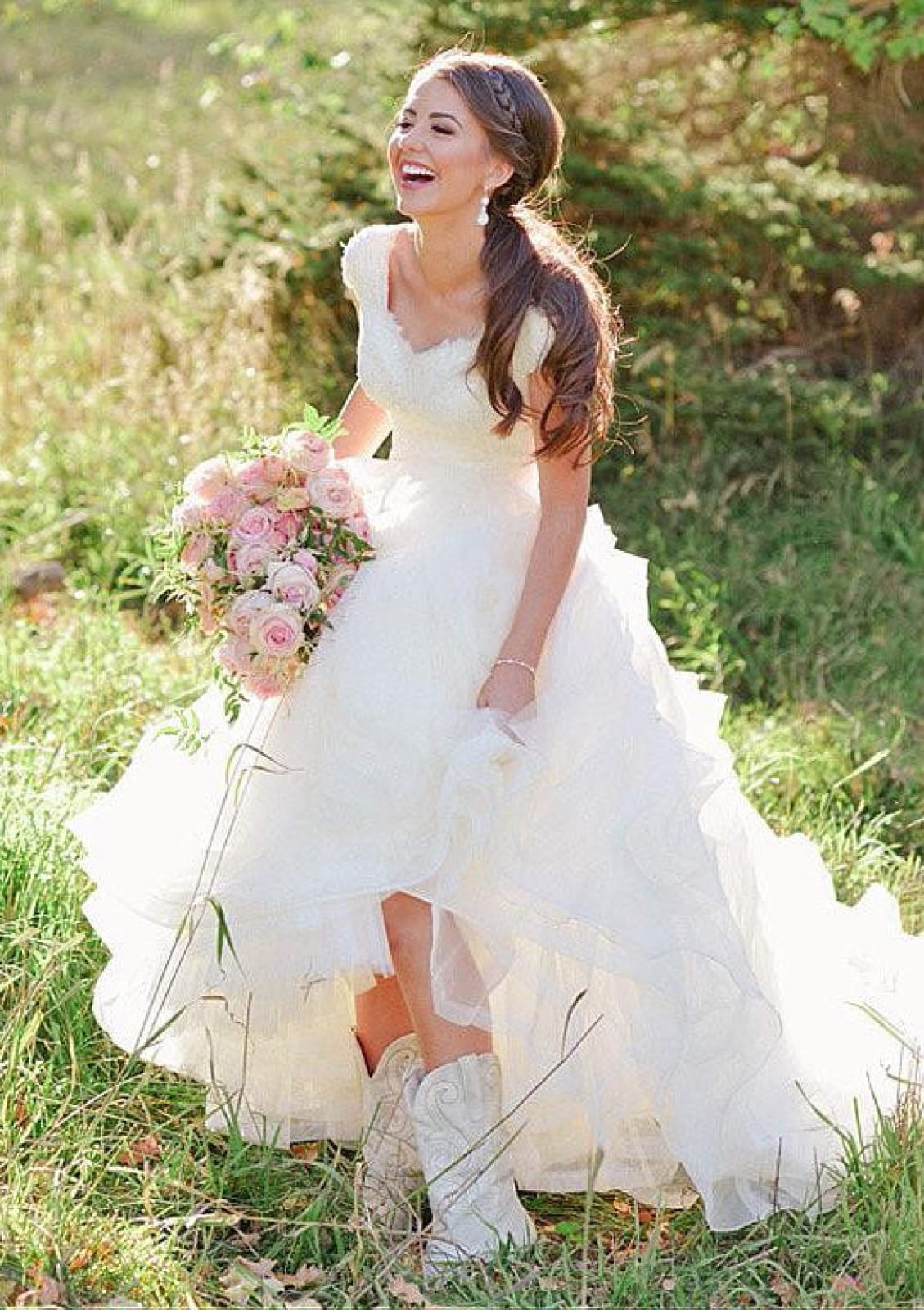 Lace Organza Ruffles Queen Anne Neck A-line Wedding Dress