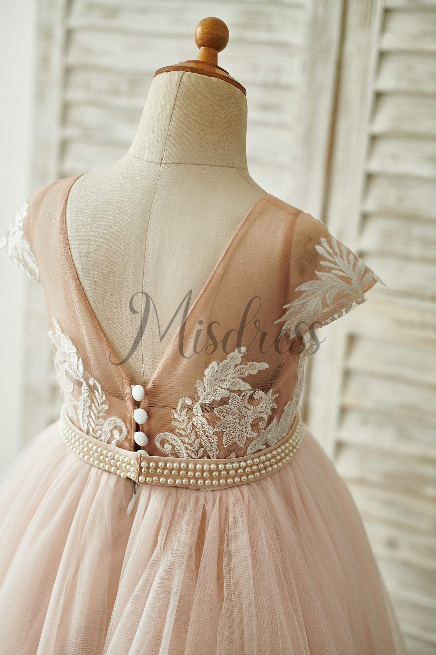 Lace Tulle V Back Cap Sleeves Floor Length Wedding Flower Girl Dress - Flower Girl Dresses